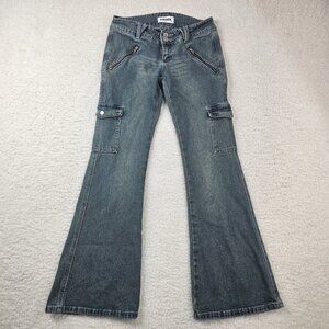 RSQ Jeans Women's 26 Blue Bareback Flare Cargo Low Rise Zippers Hip Huggers Y2K